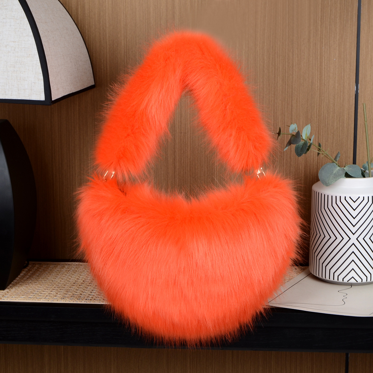 Fashion women's bags solid color plush messenger bag women's wool semi circular dumpling bag handbag_voghion.com