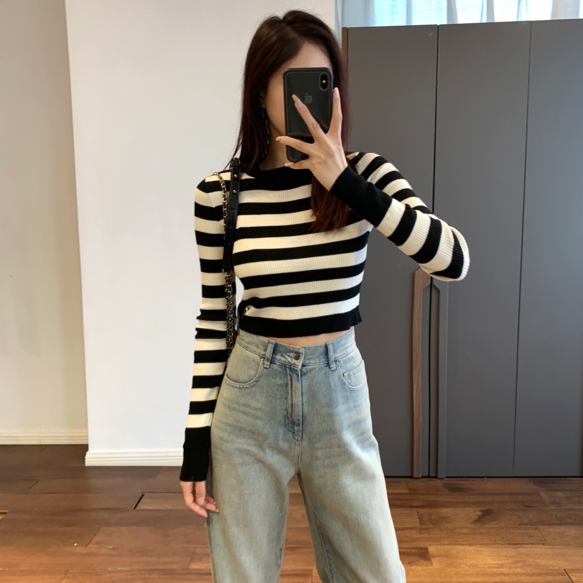 duoni Super Foreign-style Self-retaining Wool Tencel Slim-fit Slimming Black and White Striped Crewneck Long-sleeved Short Sweater