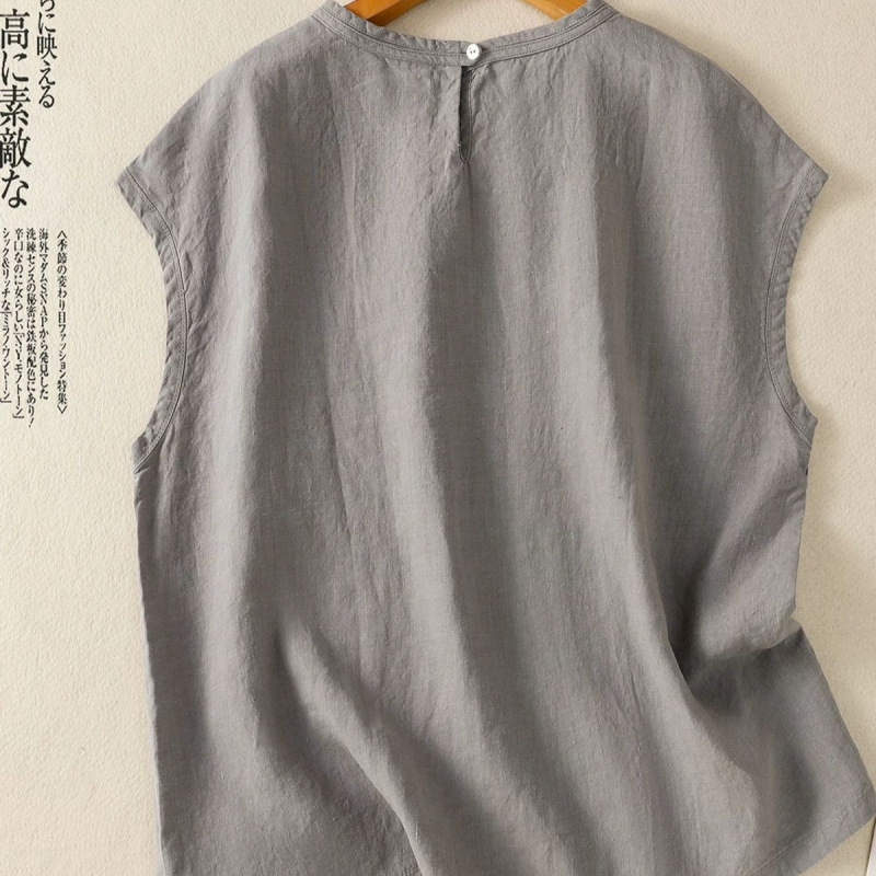 2026 Summer New Cotton and Linen Vintage Pullover Short-Sleeve Shirt, Loose Casual Solid Color Versatile Artistic Vest Top