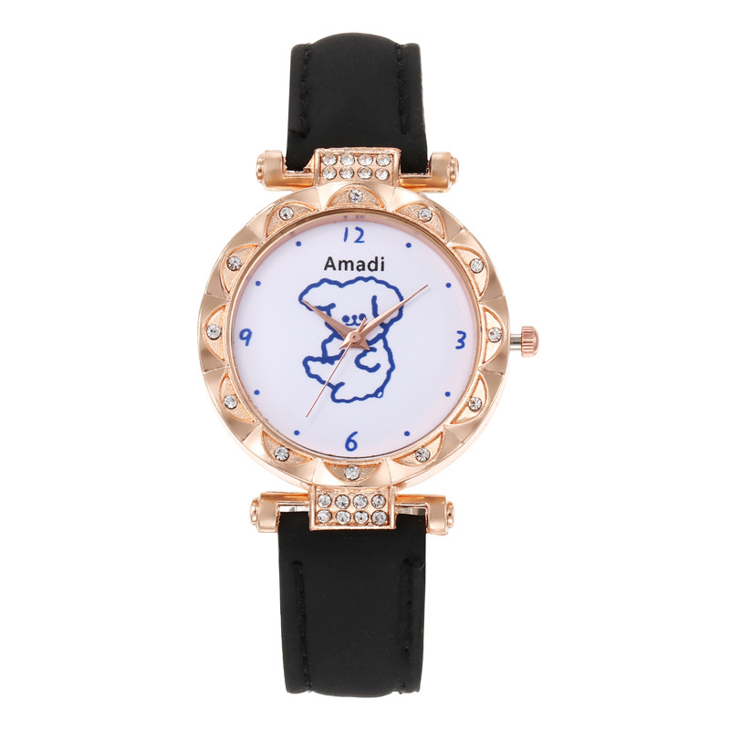 Orologio selezionato 2024 minimalista e carino piccolo orso, set di due pezzi di bracciali a stella per orologi da donna, pelle smerigliata per orologi al quarzo da donna_voghion.com