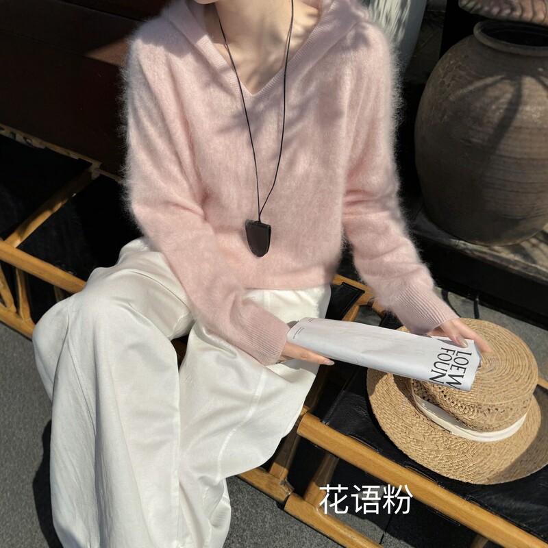 Wool and cashmere brushed hooded knit sweater for women, autumn and winter, loose and soft pullover, casual top Wool and cashmere brushed hooded knit sweater for women, autumn and winter, loose and soft pullover, casual top