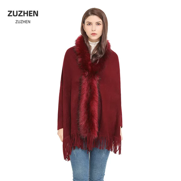 Monochrome fur collar knitted shawl hot fox fur cardigan cape polyester large solid color shawl with sleeves wholesale