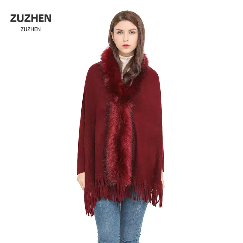 单色毛领针织披肩热卖狐狸毛开衫斗篷披肩涤纶大纯色带袖披肩批发