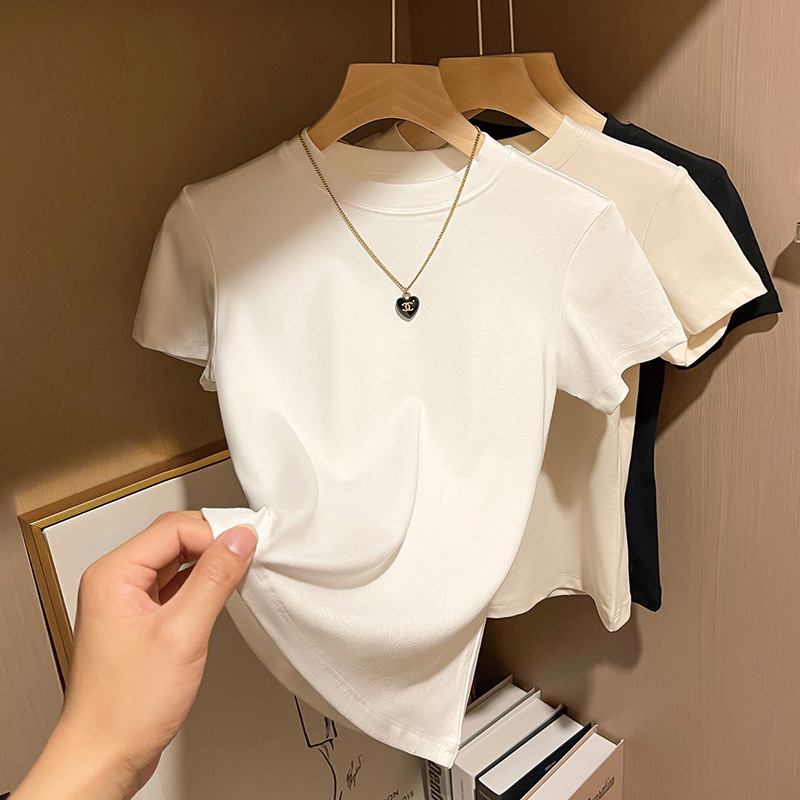 Summer Short-Sleeved White Round Neck Contrasting Color Slim T-Shirt for Women 2025 Design Niche Threaded Ice Silk Splicing Top Summer Short-Sleeved White Round Neck Contrasting Color Slim T-Shirt for Women 2025 Design Niche Threaded Ice Silk Splicing Top