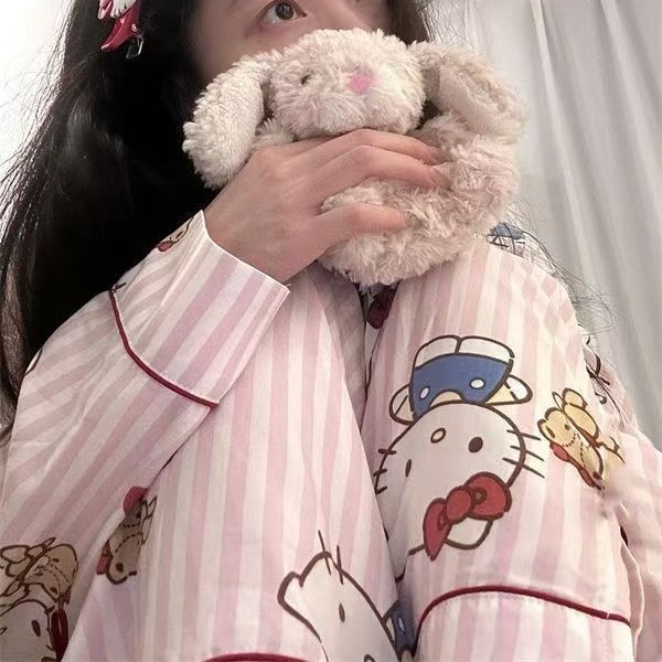 甜美条纹Kitty猫睡衣女春秋季长袖长裤套装学生宿舍 可外穿家居服|undefined