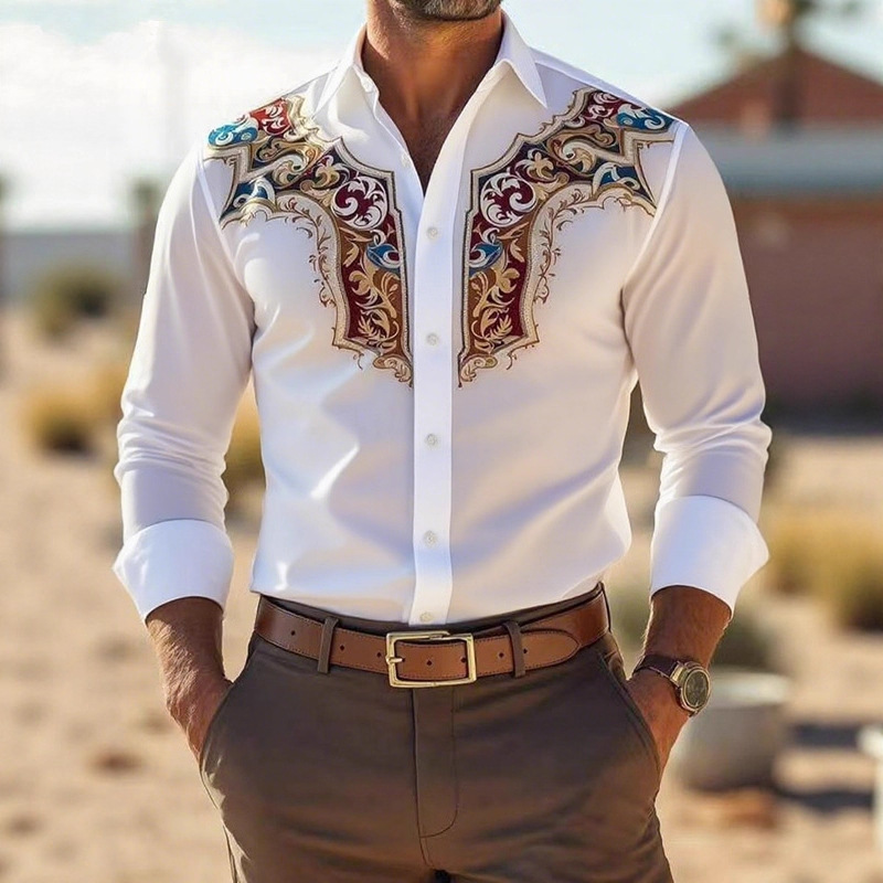 Cross-Border New Men's Fashion Shirts American Western Style Loose Printed Business Casual Long-Sleeved Shirts for Men