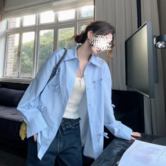 韓国系の独特な立体蝶結びの青いシャツの女性2025春の新型の百合の怠惰なカジュアルな上着のコート