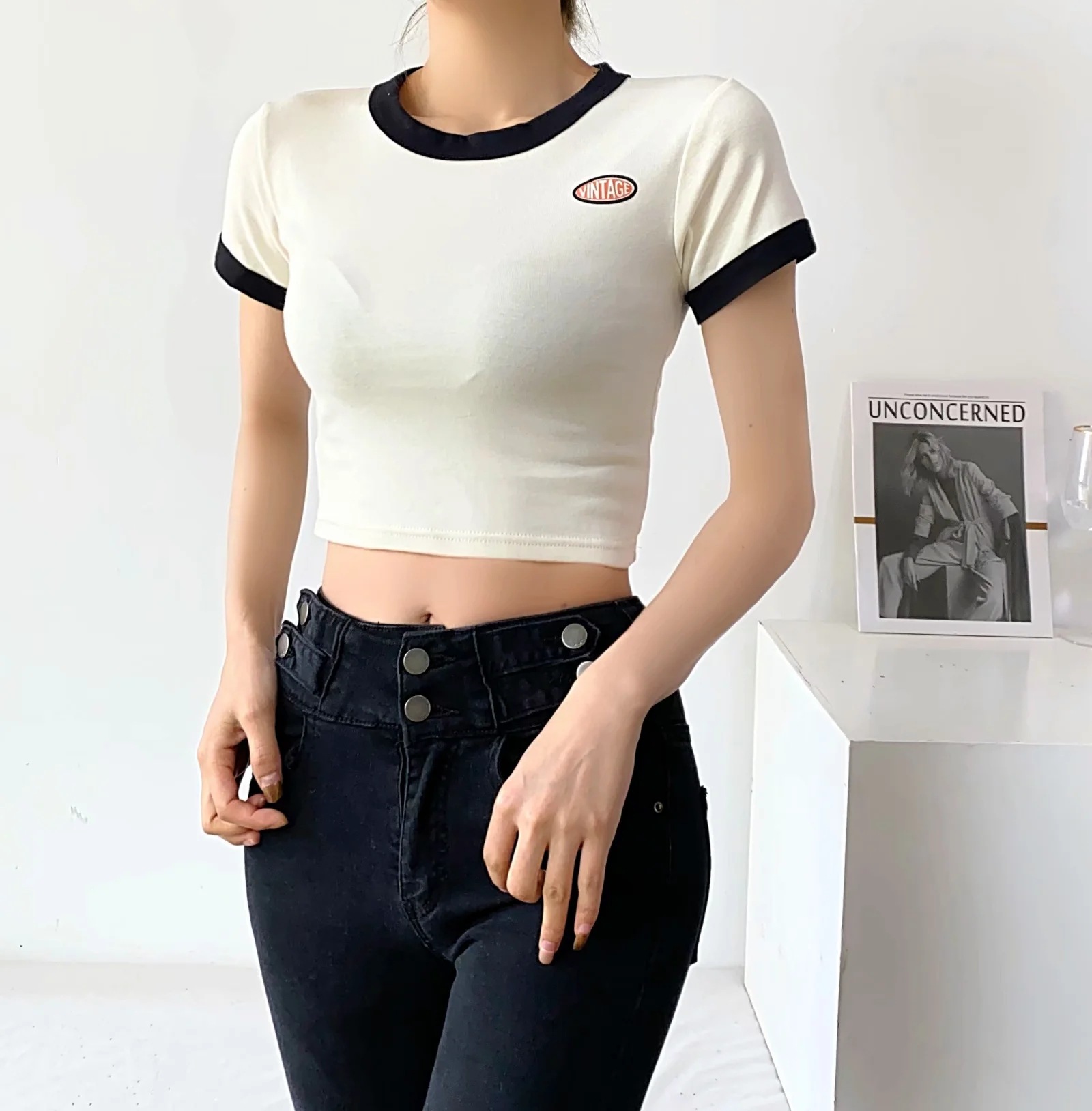 American retro style hit color T-shirt 2021 women's new crop top high waist slim yoga fitness top NSHS46610