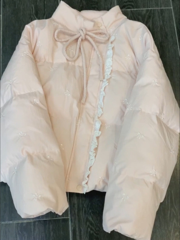 少女感甜美粉色蝴蝶结刺绣棉服女冬季新款宽松百搭棉衣棉袄短外套|undefined
