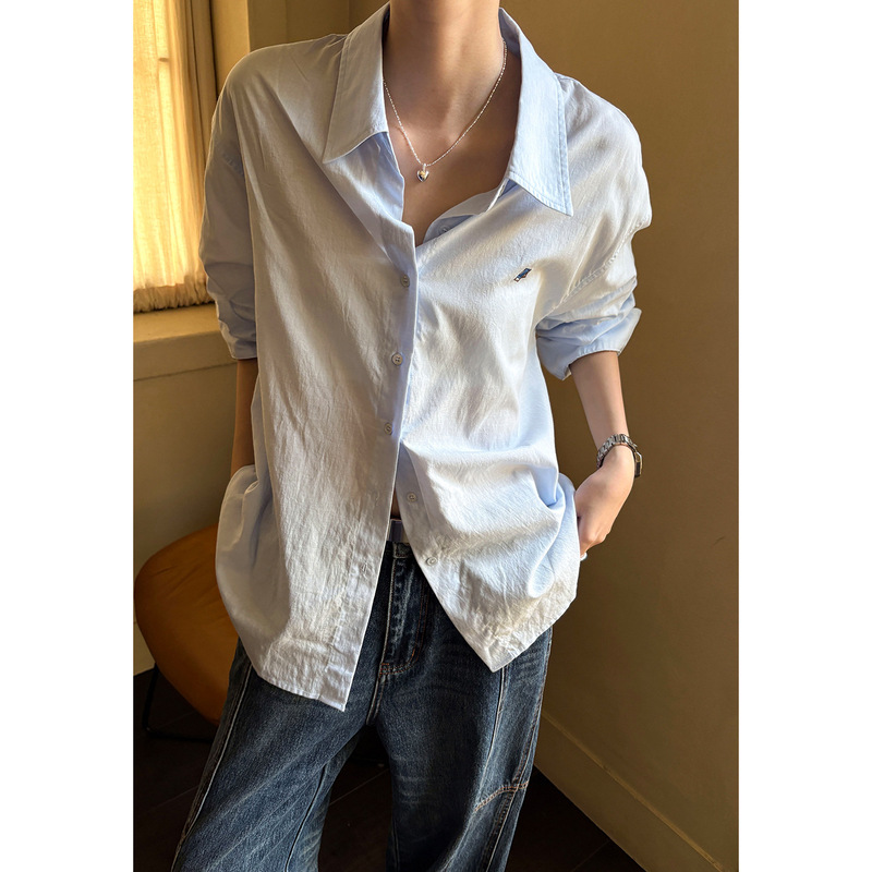 Embroidered Loose-Fitting Casual Shirt for Women, Simple Turn-Down Collar Shirt, Slimming Autumn Korean Style Ye0256