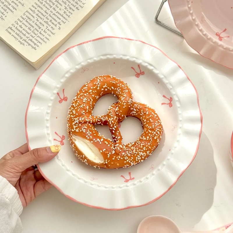 ピンクインスタイルリボンセラミック食器セットヌードルボウル家庭用ライスボウルプレート釉下色が女の子のハートに映えます|undefined