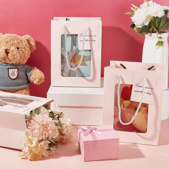 Chinese Valentine's Day Gift Bag, Transparent Window Gift Bag, Flower Gift Bag, Kraft Paper Souvenir Handbag