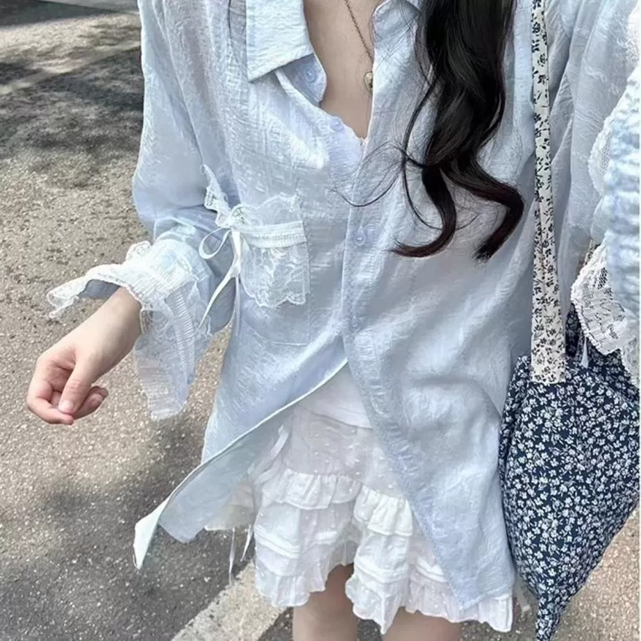 2025 кружевной дизайн с вставками, синяя рубашка с защитой от солнца, женская летняя тонкая рубашка из ледяного шелка, свободная куртка-рубашка