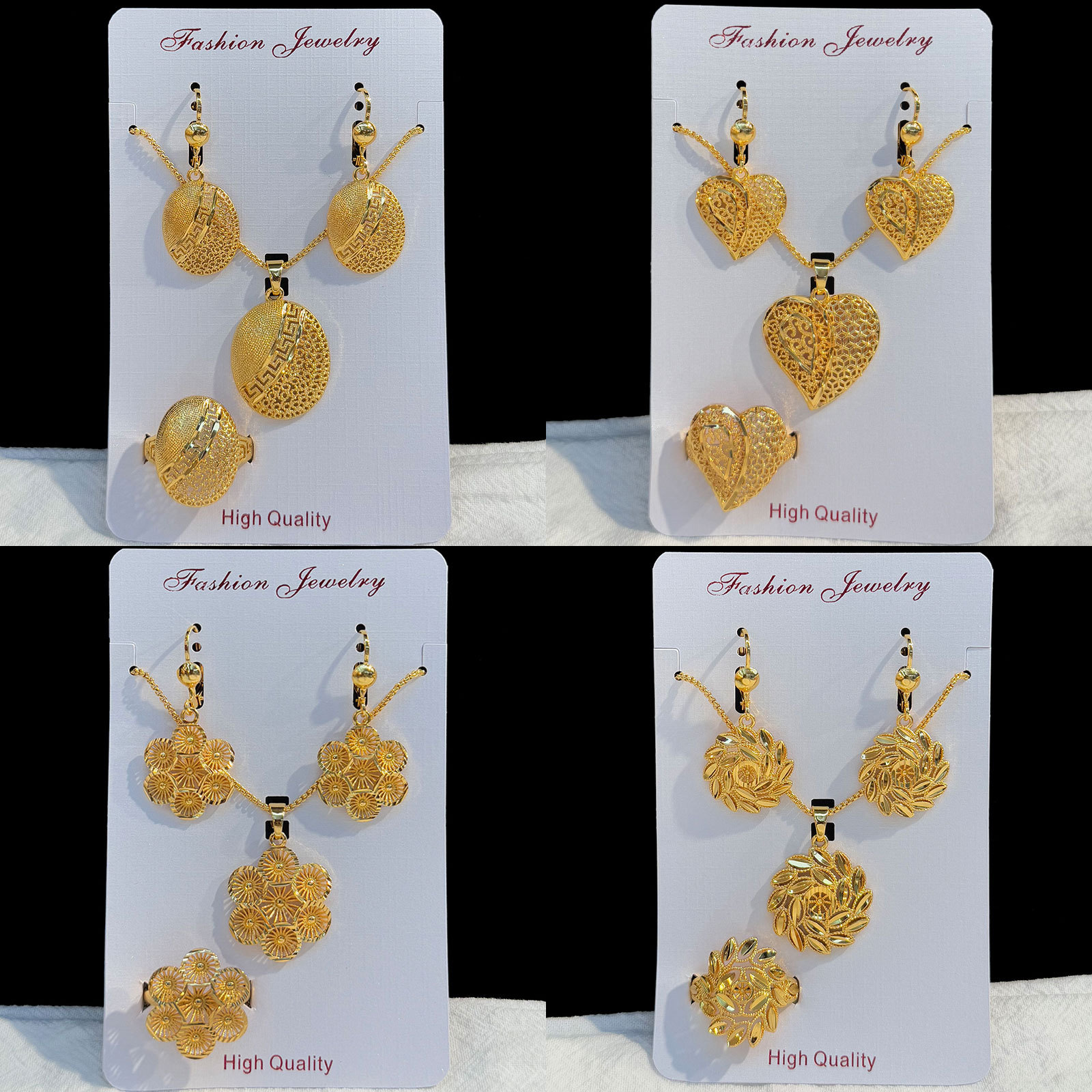 Middle Eastern cross-border 24k gold-plated butterfly heart elegant jewelry set, Baroque style pendant, ear hook, ring wholesale