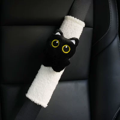 New Black Cat Toy Car Seat belt shoulder pad - lambskin-white-shoulder-pads-black-cat-25x8x4cm-56g
