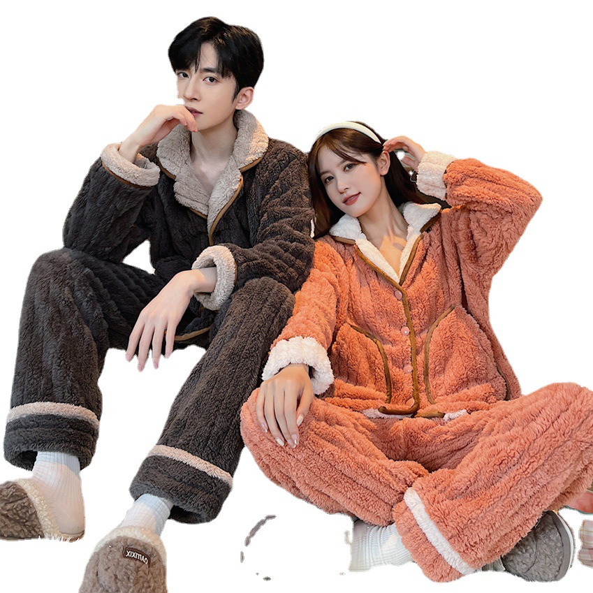Thickened new winter couple pajamas men and women coral velvet set pajamas cardigan couple's home wear can replace hair