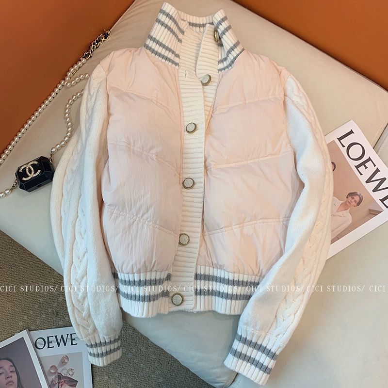 立领粉色拼接毛衣棉服女2025秋冬新款甜美小香风设计感棉衣短外套|undefined