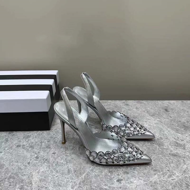 New super perfect rhinester shallow thin heel pointed shoes women's Roman hollow high heels women's sandals_voghion.com