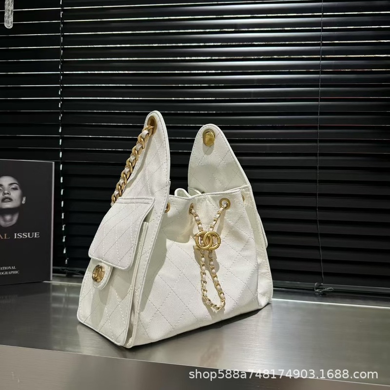小香25C抽绳水桶包鱼子酱菱格链条包中古托特包大容量单肩腋下包|undefined
