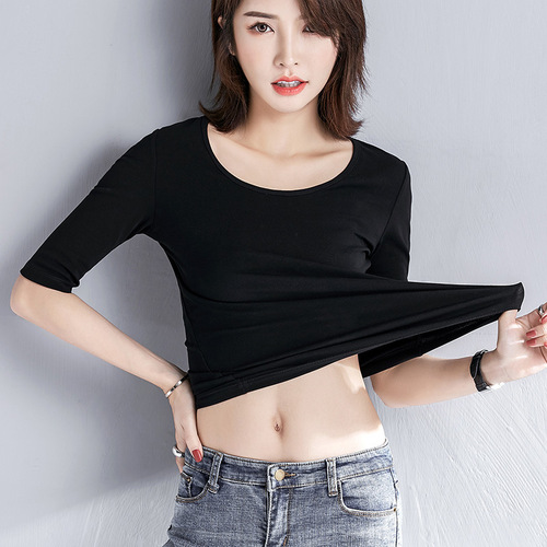 Black round neck short-sleeve t-shirt for women, five-finger sleeve, new summer model, slimming top, seven-finger base shirt top