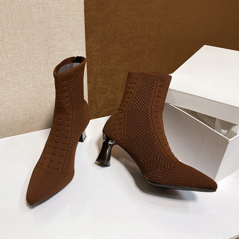 Large size new pointed socks boots women's medium tube thick heel high heels fashion outside elastic boots wool boots_voghion.com
