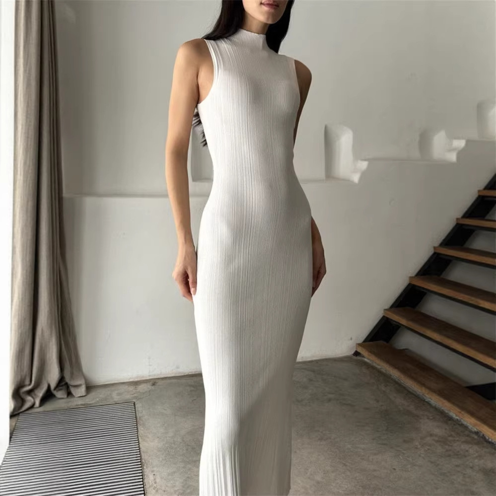 跨境欧美针织.领无袖紧身裙春夏新款中长裙优雅法式欧美连衣裙女
