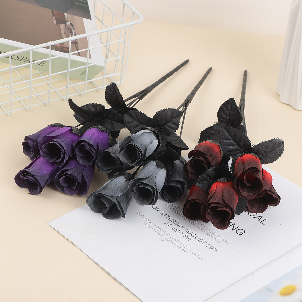 Simulation silk flower five-headed small rose cross-border wholesale decoration dark line small rose flower landscape setting fake black