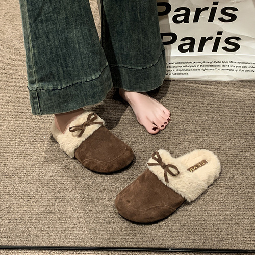 Pushing on the head, fluffy half-slippers, women's autumn and winter, plus velvet, new retro warm cotton slippers