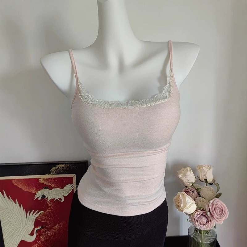 Pure Desire Hot Girl Lace Splicing [Camisole with Breast Pad] Women's Summer Pure Desire Cream Girly Style