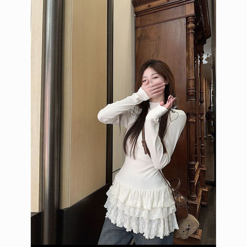 Half Turtleneck Long-Sleeved T-Shirt for Women in Autumn and Winter New Style Multi-Layered Lace Layered Slim-Fitting Inner Layering Shirt