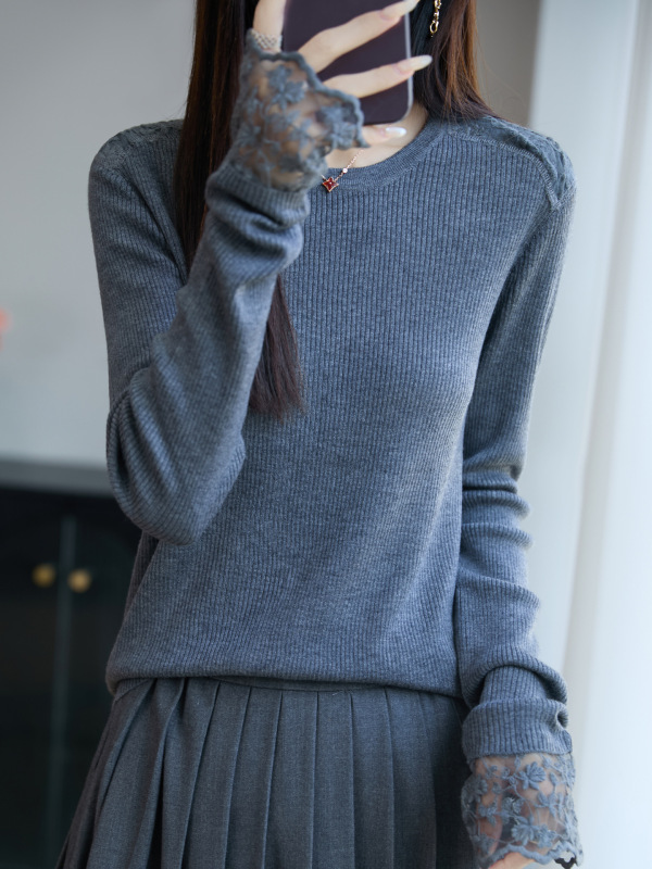 法式蕾丝钩花miu系针织衫女圆领修身毛衣25新款内搭女装打底上衣|undefined