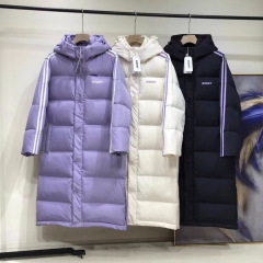 反季韩国nerdy羽绒服男女紫色反光条纹连帽中长款黑色加厚外套
