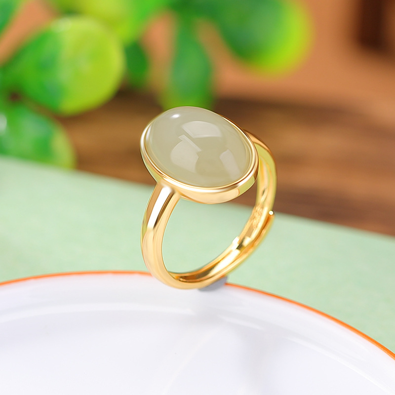 Nhẫn bạc S925 mạ vàng đính ngọc bích hình bầu dục phong cách đơn giản — Một chiếc
