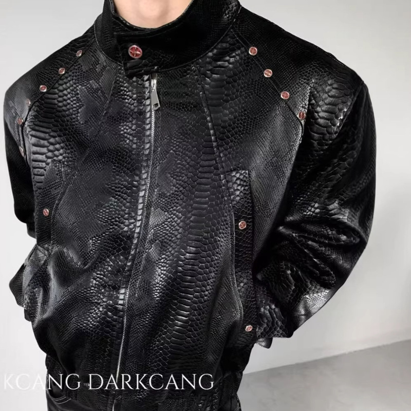 Spring and Autumn Men's American Retro Design Casual Trendy Studded Loose Biker Crocodile Pattern Leather Jacket Spring and Autumn Men's American Retro Design Casual Trendy Studded Loose Biker Crocodile Pattern Leather Jacket
