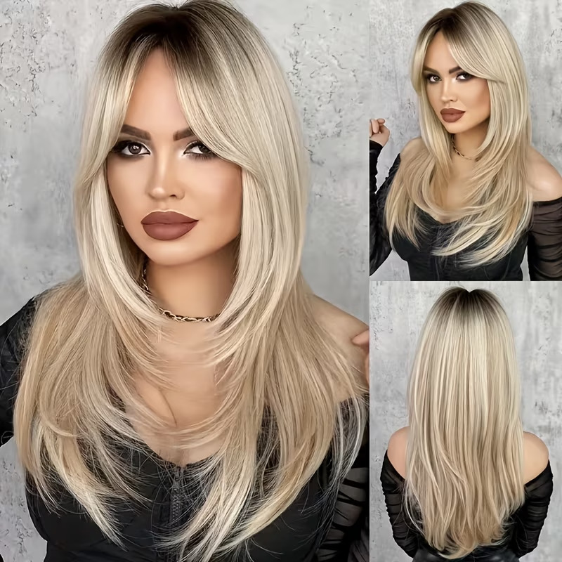 Cross-border women's layered long straight brown wig with black top highlights, ladies' wig set, black long straight wig Cross-border women's layered long straight brown wig with black top highlights, ladies' wig set, black long straight wig