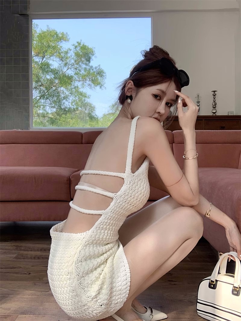 Summer Hot Girl Style White Knit Backless Spaghetti Strap Dress, Chic Bodycon Short Dress, Vacation Sexy Dress