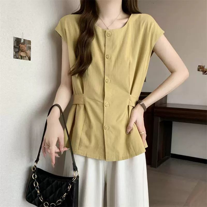 Большой размер, милый стиль, женская рубашка с короткими рукавами и квадратным воротником в стиле ретро, ​​свободная, утягивающая, закрывающая живот, тонкая, универсальная летняя.