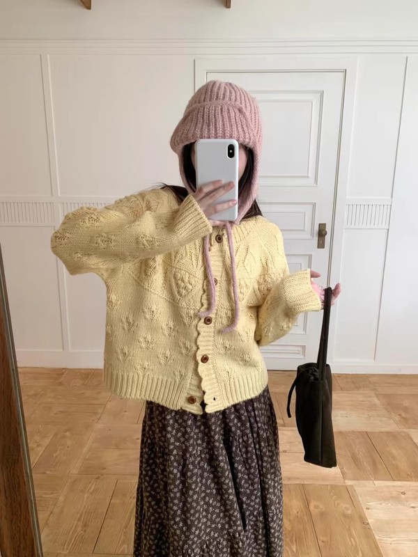 蓝色花边钩花纹针织开衫外套女秋冬新款宽松韩系慵懒毛衣长袖上衣|undefined