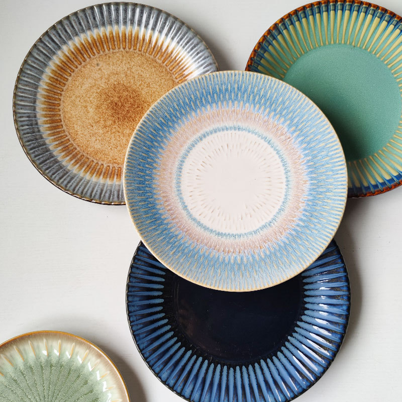 Vintage Artistic Embossed Western Food Plate Ceramic Plate Dessert Plate Vertical Pattern Pasta Tableware One-person suit Flaw