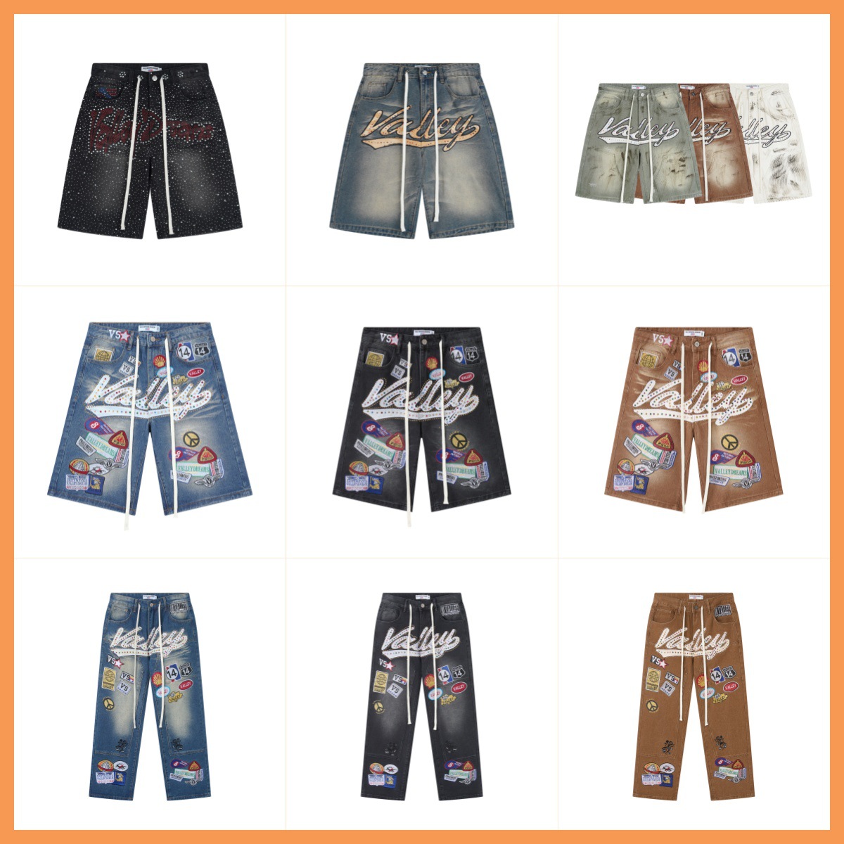 26S Cross-Border In-Stock Vale Foreign Trade Valeforever High Street Fashion Brand Rhinestone Embroidered Washed Denim Shorts