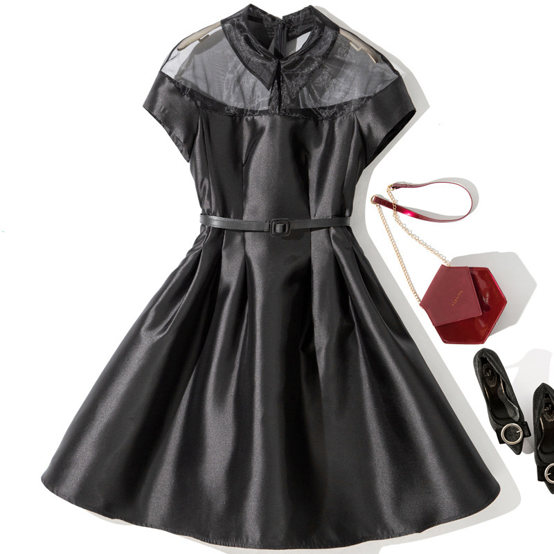 L6376 2022 spring and summer new women's transparent stitching with belt short sleeve dress