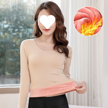 加绒加厚圆领T恤女2025冬季防寒保暖上衣内衣美体37度恒温打底衫