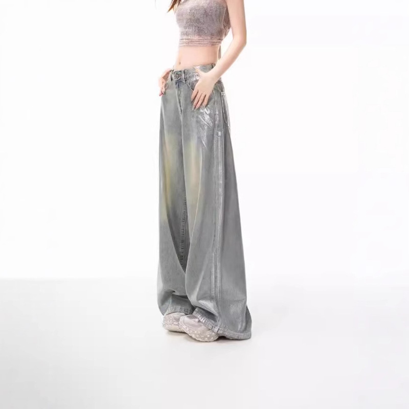 American Style Retro Hot Silver Straight Jeans Women's 2024 Spring and Autumn New Washed Old Loose All-match Wide Leg Pants