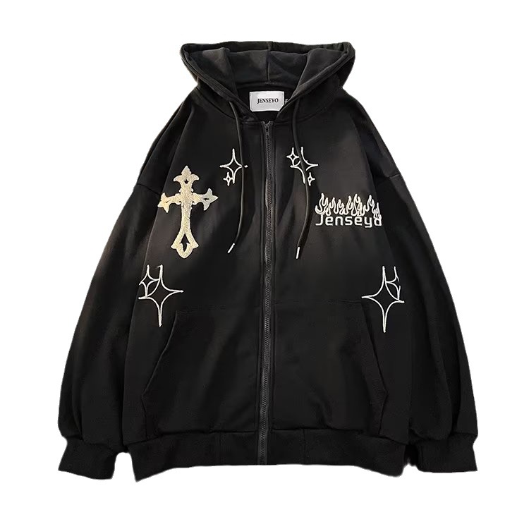 Cardigan Hooded Sweatshirt Men S Embroidered Cross Flame Jacket Spring And Autumn American Hip Hop Couple Loose Retro Top_voghion.com
