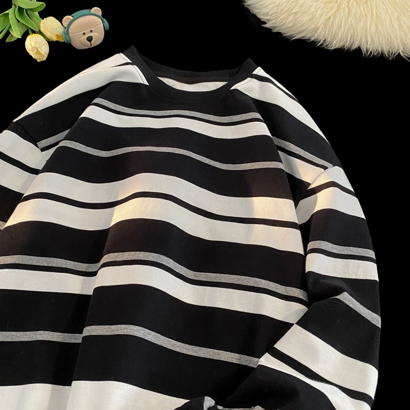 Осенняя модная брендовая толстовка в японском стиле в стиле ретро с круглым вырезом для мужчин и женщин, повседневная свободная рубашка-поло в полоску с длинными рукавами