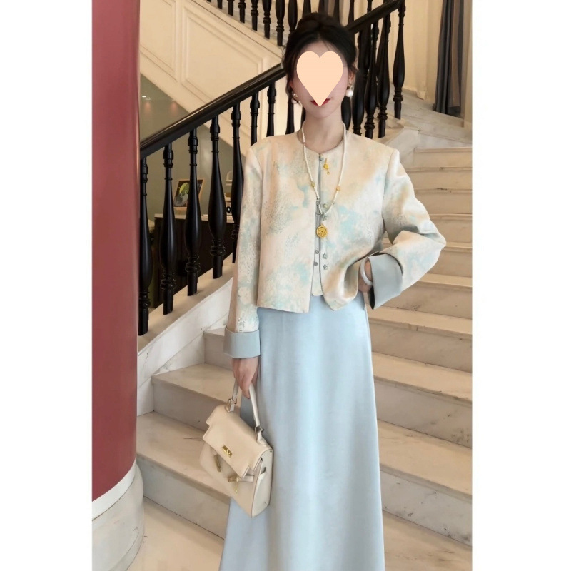 新中式国风套装女2025春季新款提花盘扣气质外套缎面半身裙两件套|undefined