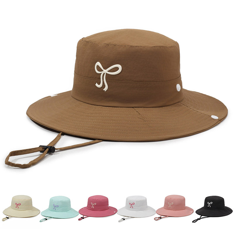 韩系粉/奶霜白蝴蝶结渔夫帽！透气网眼少女登山帽 夏季薄款速干帽