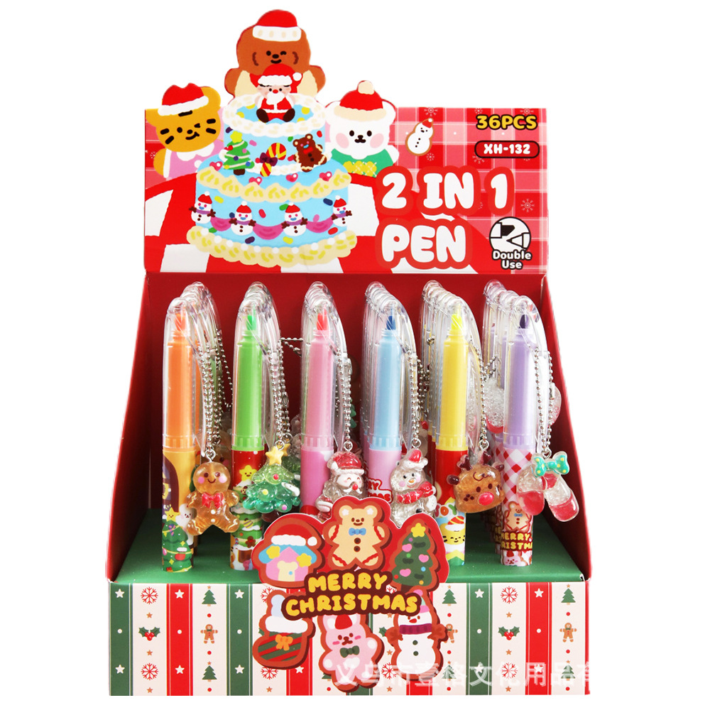 Navidad de doble cabeza bolígrafo neutro resaltador de dibujos animados Santa Claus reno vacaciones pequeños regalos de alto valor colgante bolígrafo de agua