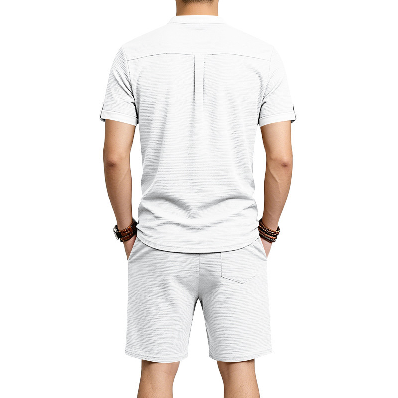 Men's Casual Henley Short Sleeve T-Shirt And Shorts Set Comfort-Focused Polyester Design for Summer_viptrois.com