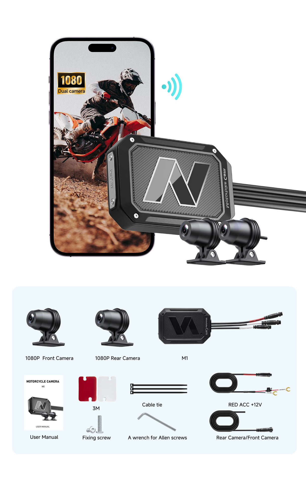 Cross-Border Best-Selling Dual-Recording Motorcycle Dashcam, Waterproof, Can Connect to Wifi, Hidden Installation Recorder